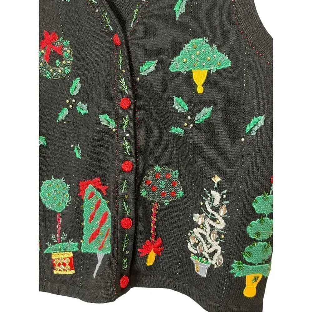 Vintage OHI Christmas Sweater Vest‎ beaded Embroidery Size Small